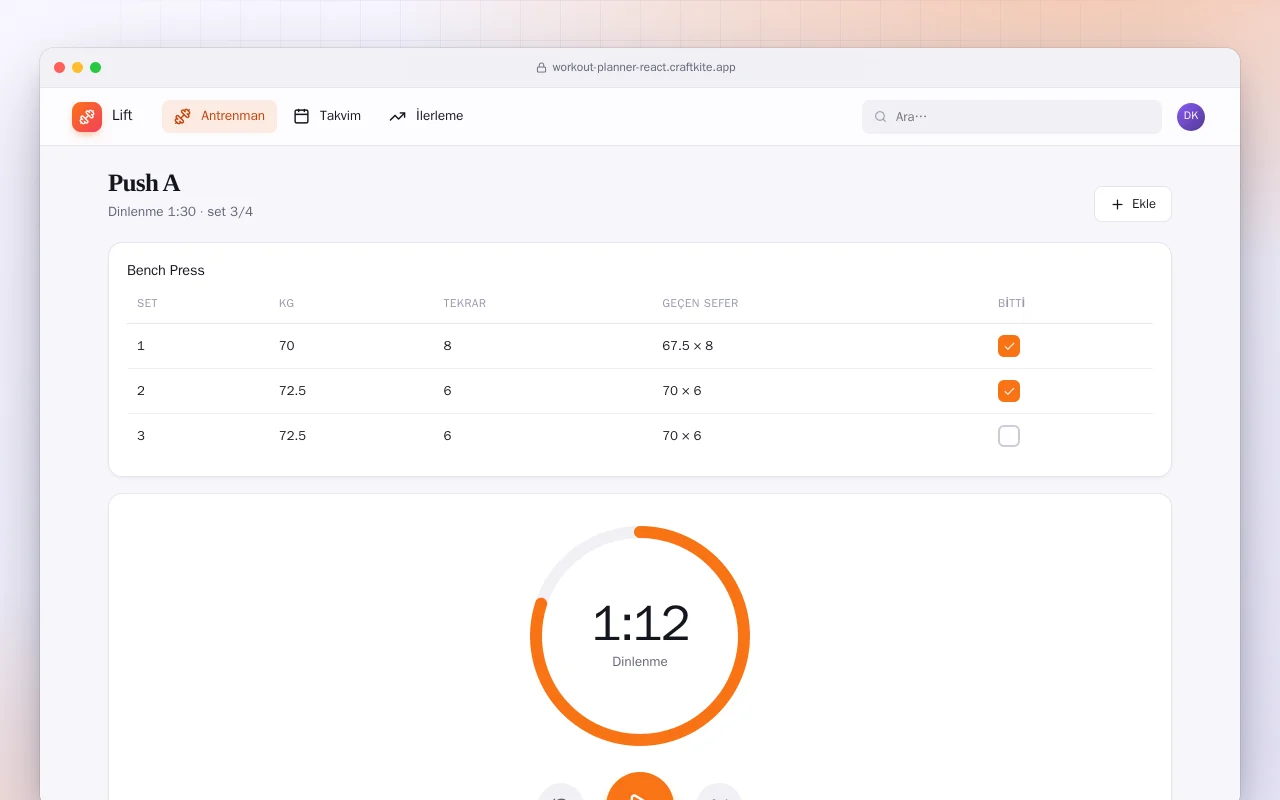 Antrenman Planlayıcı (React): Push A ekranı