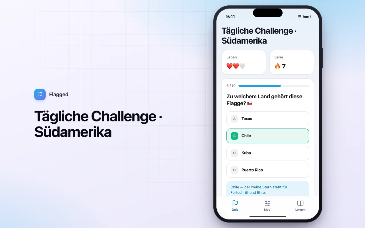 Weltflaggen-Quiz: der Bildschirm „Tägliche Challenge · Südamerika“