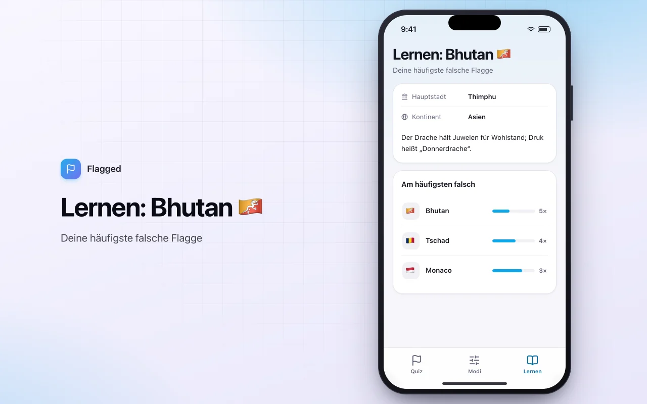 Weltflaggen-Quiz: der Bildschirm „Lernen: Bhutan 🇧🇹“