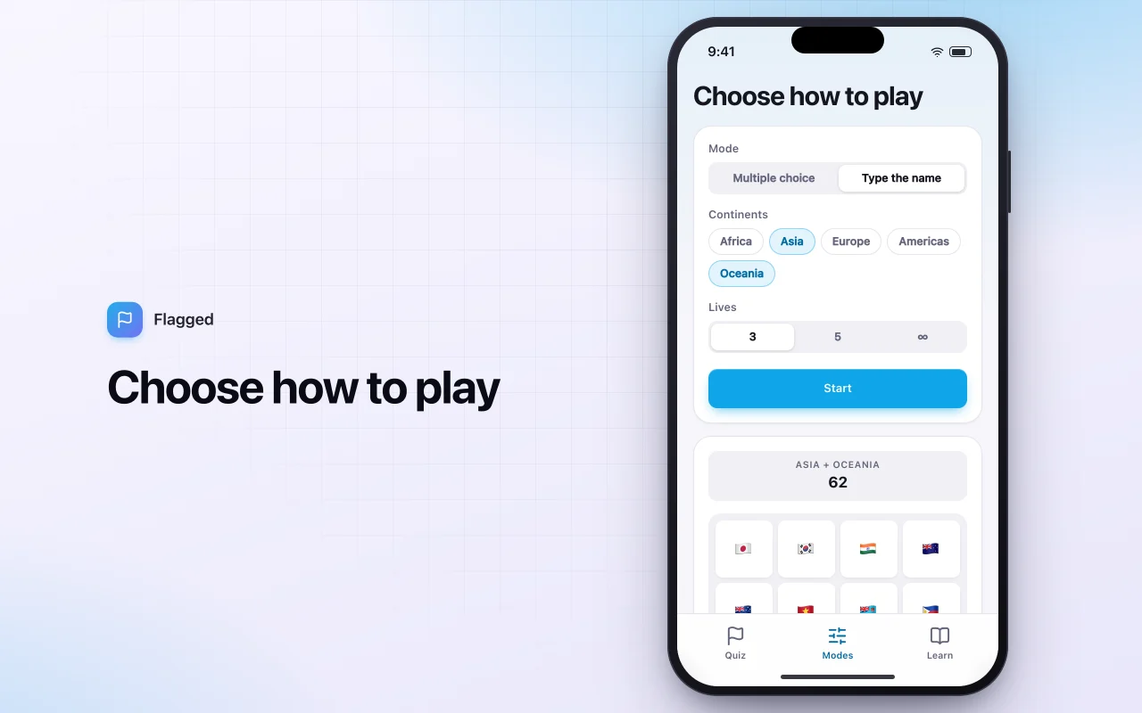 World flag quiz: the Choose how to play screen