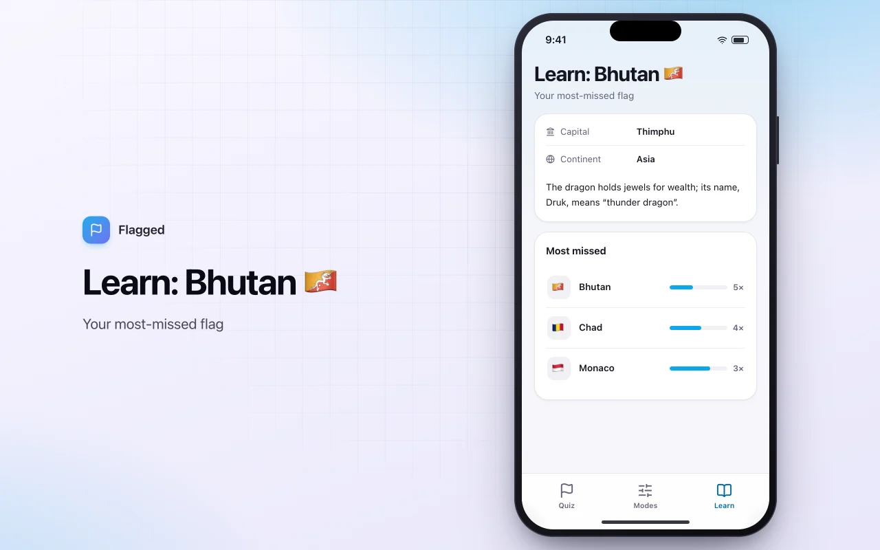 World flag quiz: the Learn: Bhutan 🇧🇹 screen
