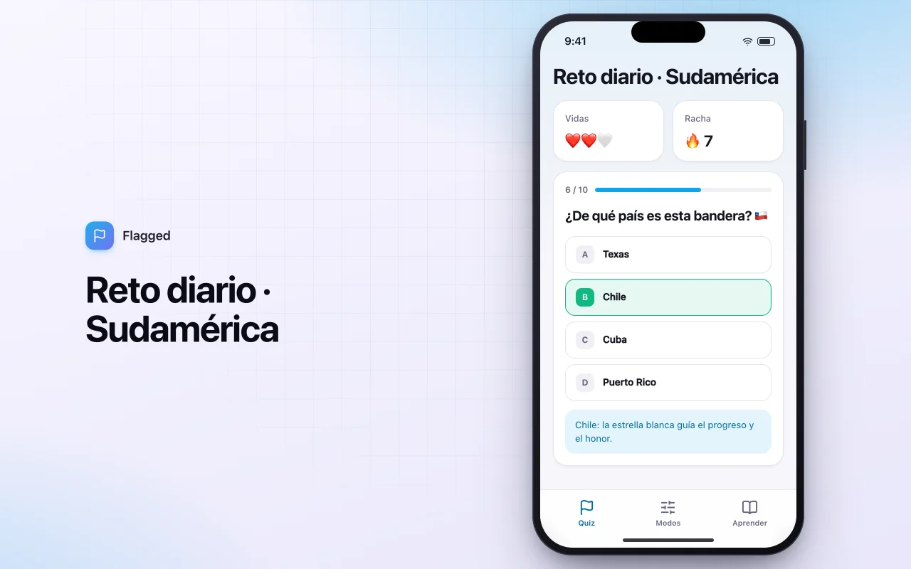 Quiz de banderas del mundo: la pantalla Reto diario · Sudamérica