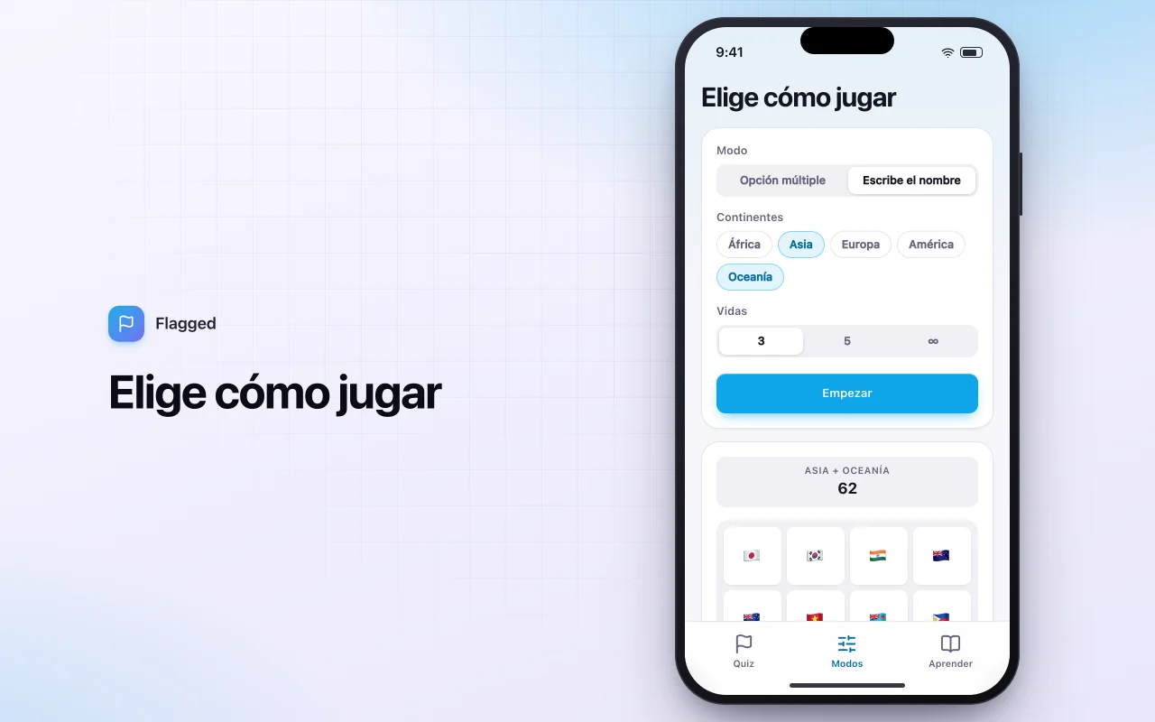 Quiz de banderas del mundo: la pantalla Elige cómo jugar
