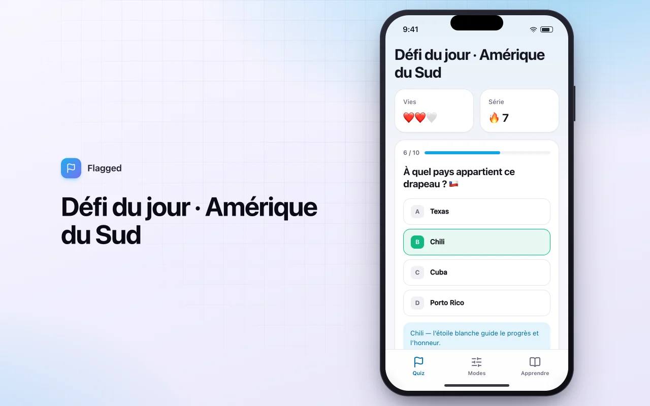 Quiz des drapeaux du monde : l’écran Défi du jour · Amérique du Sud