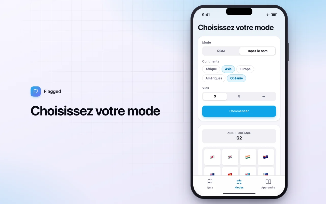 Quiz des drapeaux du monde : l’écran Choisissez votre mode