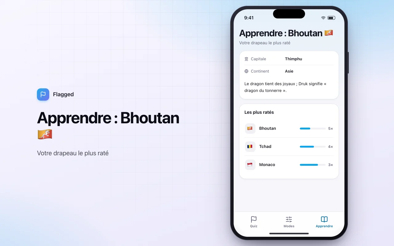 Quiz des drapeaux du monde : l’écran Apprendre : Bhoutan 🇧🇹