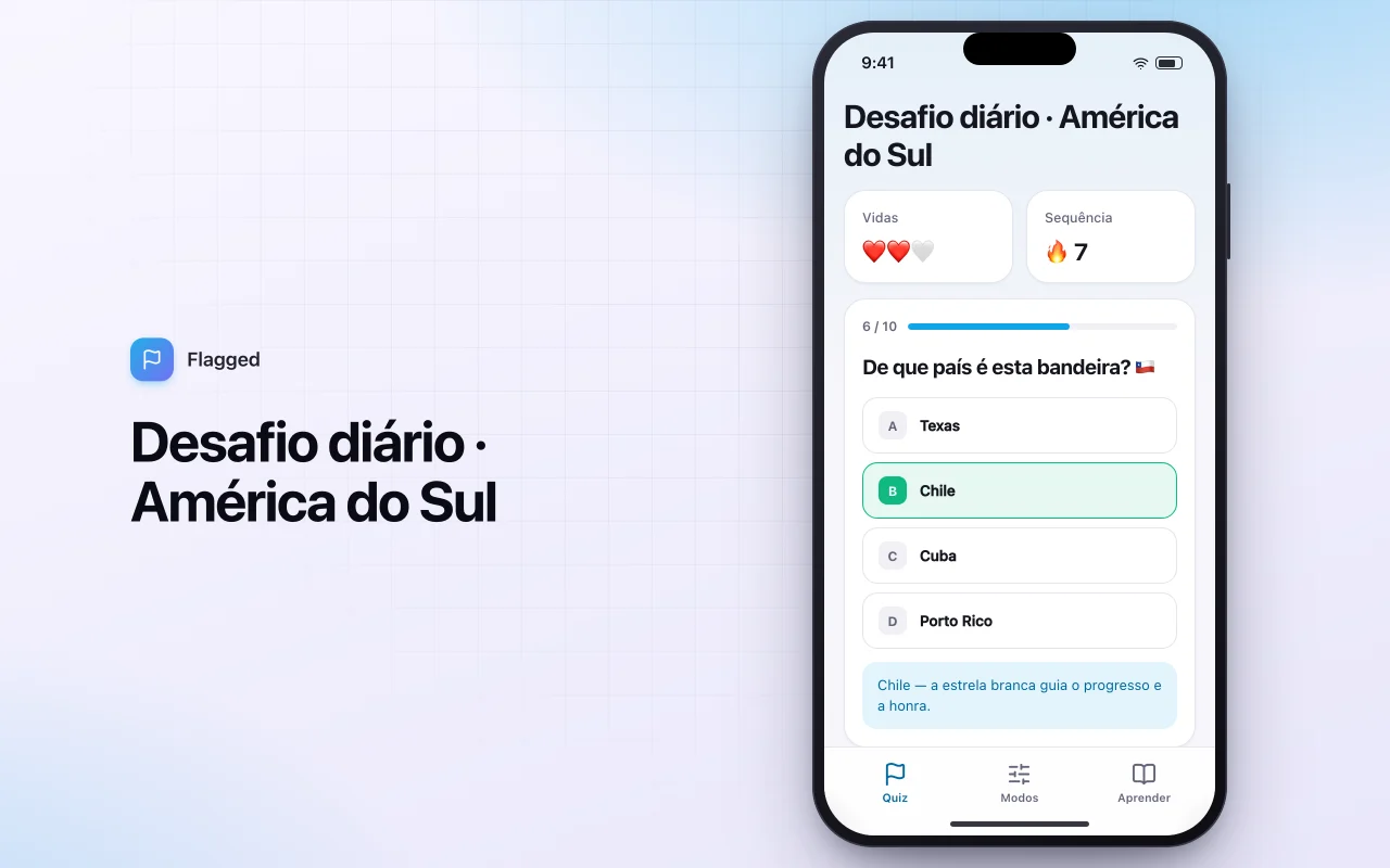 Quiz de bandeiras do mundo: a tela Desafio diário · América do Sul