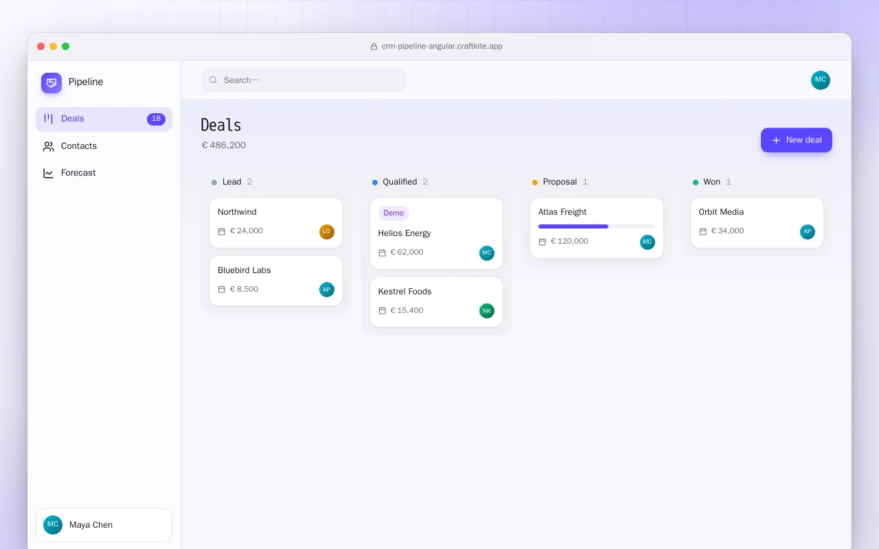 Deal Pipeline (Angular): the Deals screen