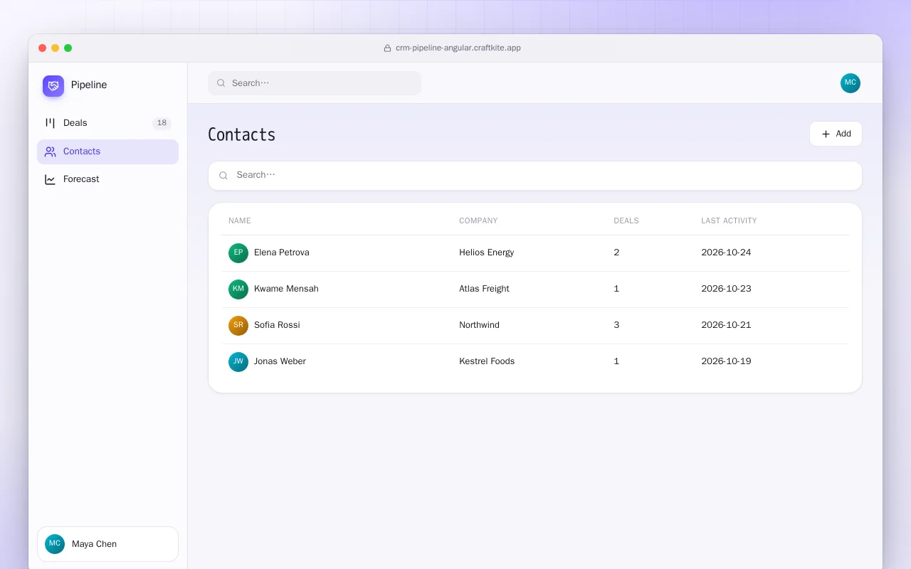 Deal Pipeline (Angular): the Contacts screen