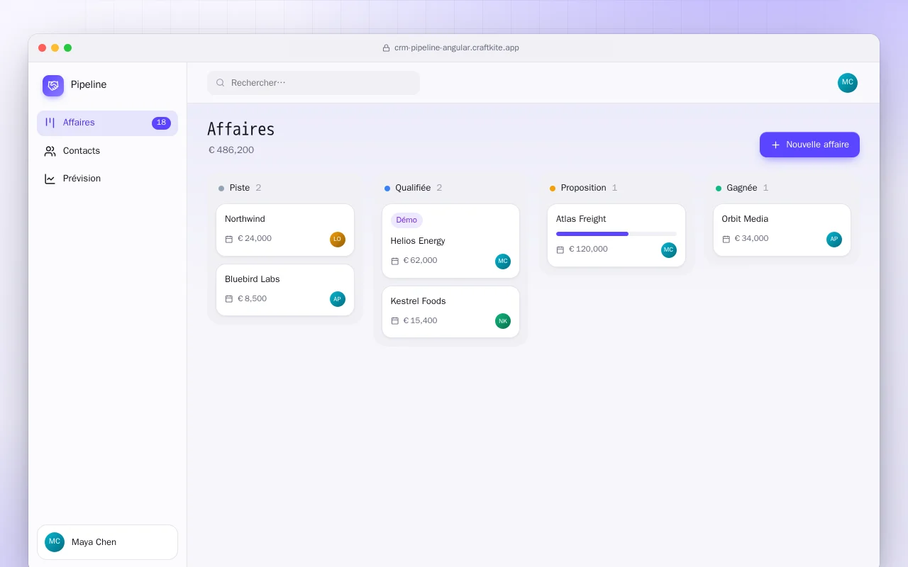 Pipeline commercial (Angular) : l’écran Affaires