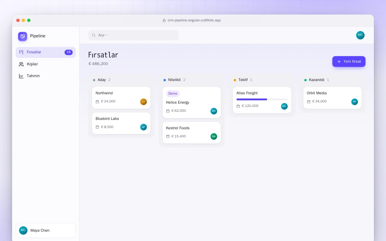 Satış Hattı (Angular): Fırsatlar ekranı