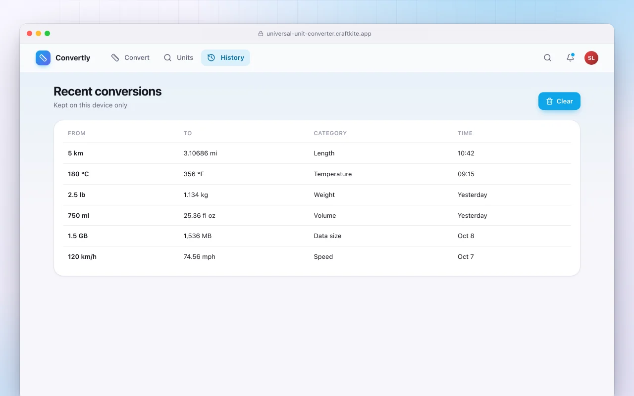 Universal unit converter: the Recent conversions screen