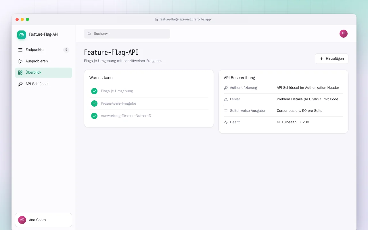 Feature-Flag-API (Rust): der Bildschirm „Feature-Flag-API“