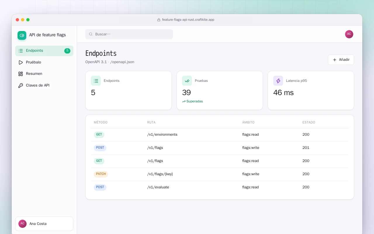 API de feature flags (Rust): la pantalla Endpoints
