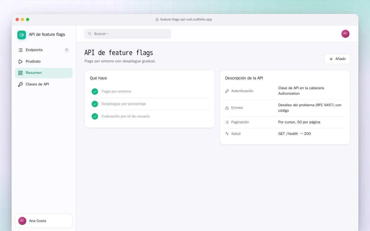 API de feature flags (Rust): la pantalla API de feature flags