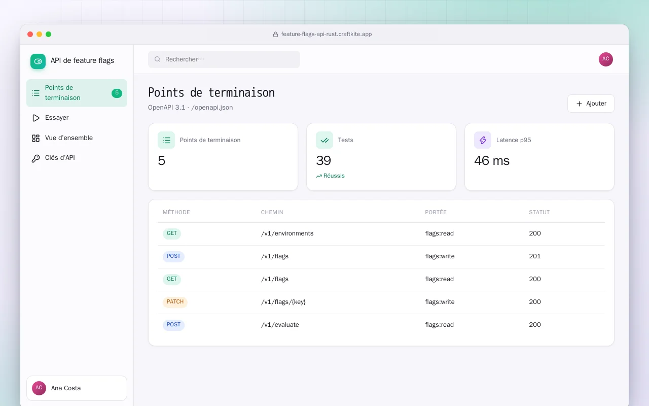 API de feature flags (Rust) : l’écran Points de terminaison