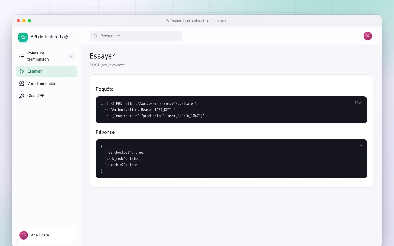 API de feature flags (Rust) : l’écran Essayer