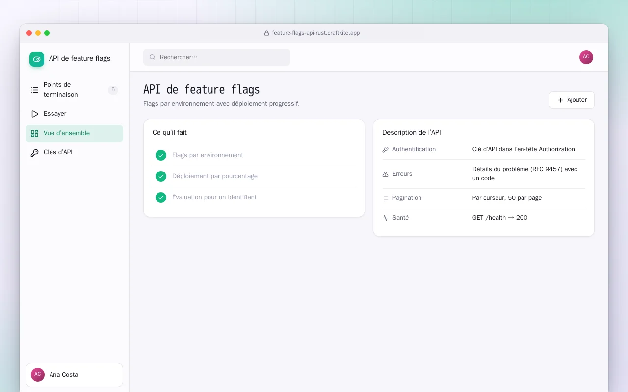 API de feature flags (Rust) : l’écran API de feature flags