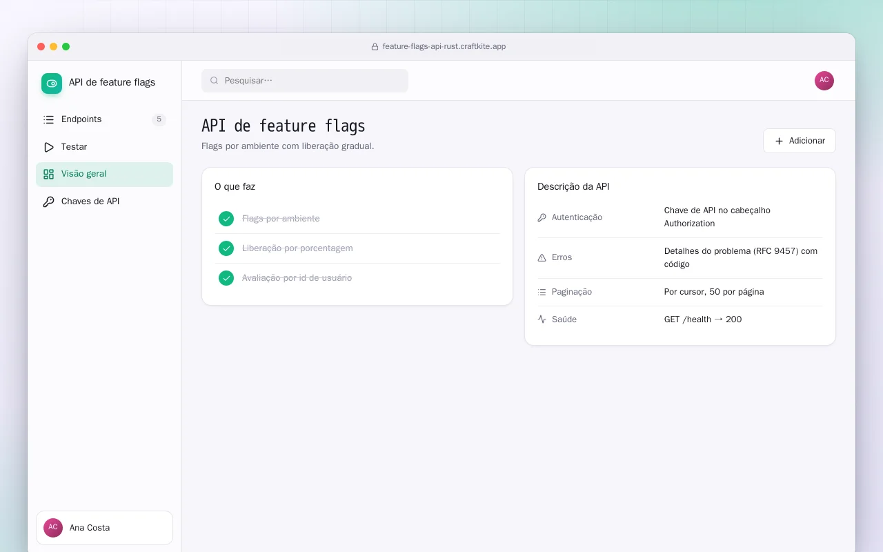 API de feature flags (Rust): a tela API de feature flags