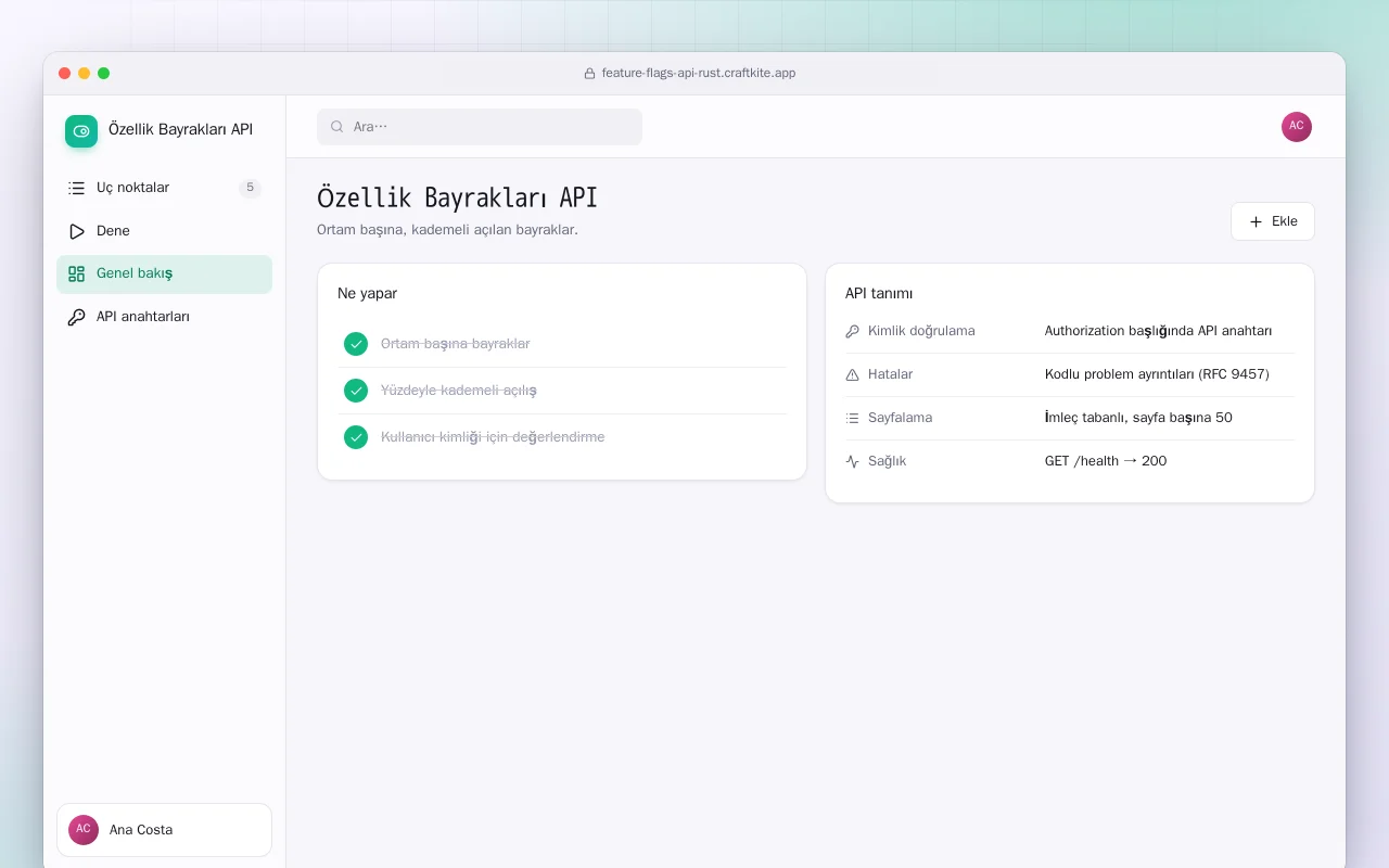 Özellik Bayrakları API (Rust): Özellik Bayrakları API ekranı