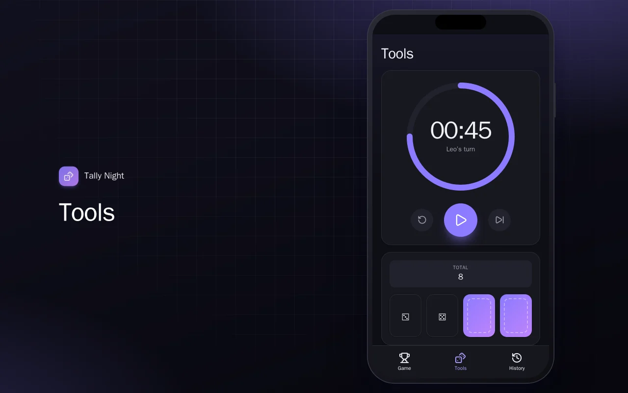 Board game score keeper: the Tools screen