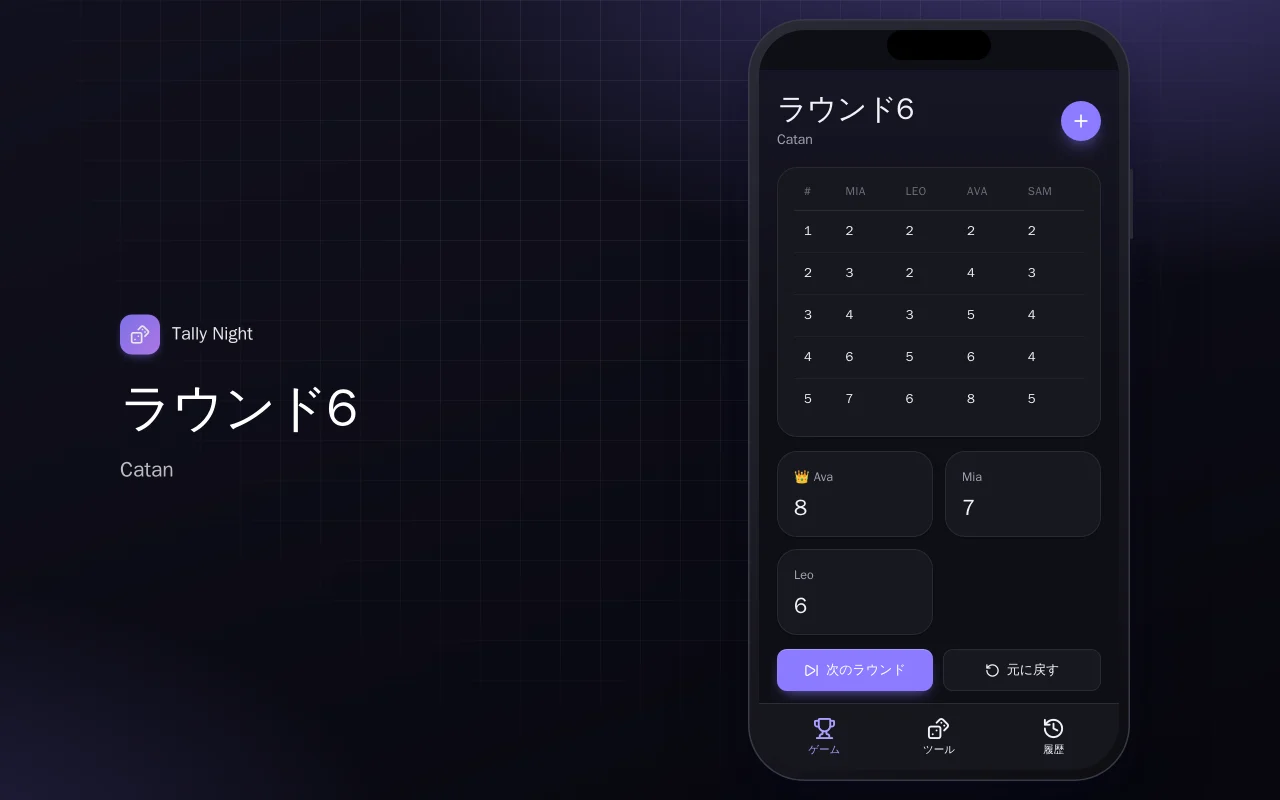 ボードゲームのスコア管理：ラウンド6画面
