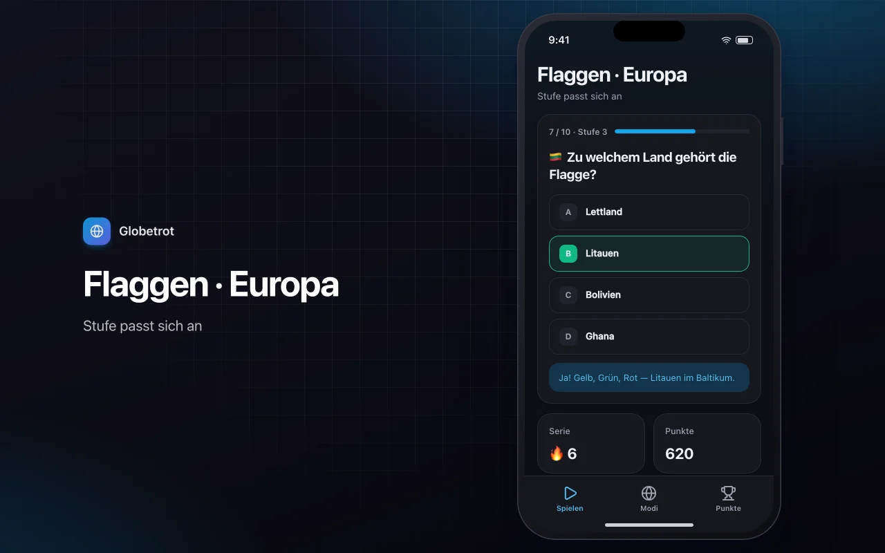 Geografie-Entdecker: der Bildschirm „Flaggen · Europa“