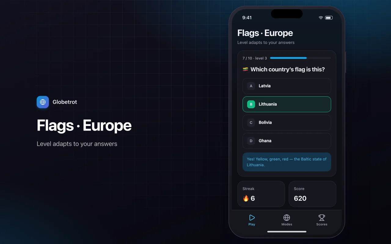 Geography explorer: the Flags · Europe screen
