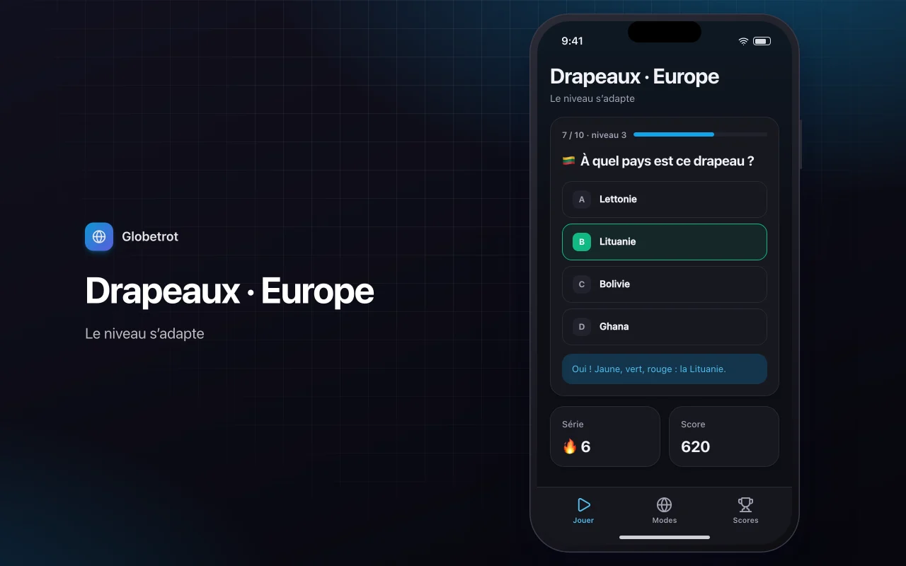 Explorateur de géographie : l’écran Drapeaux · Europe