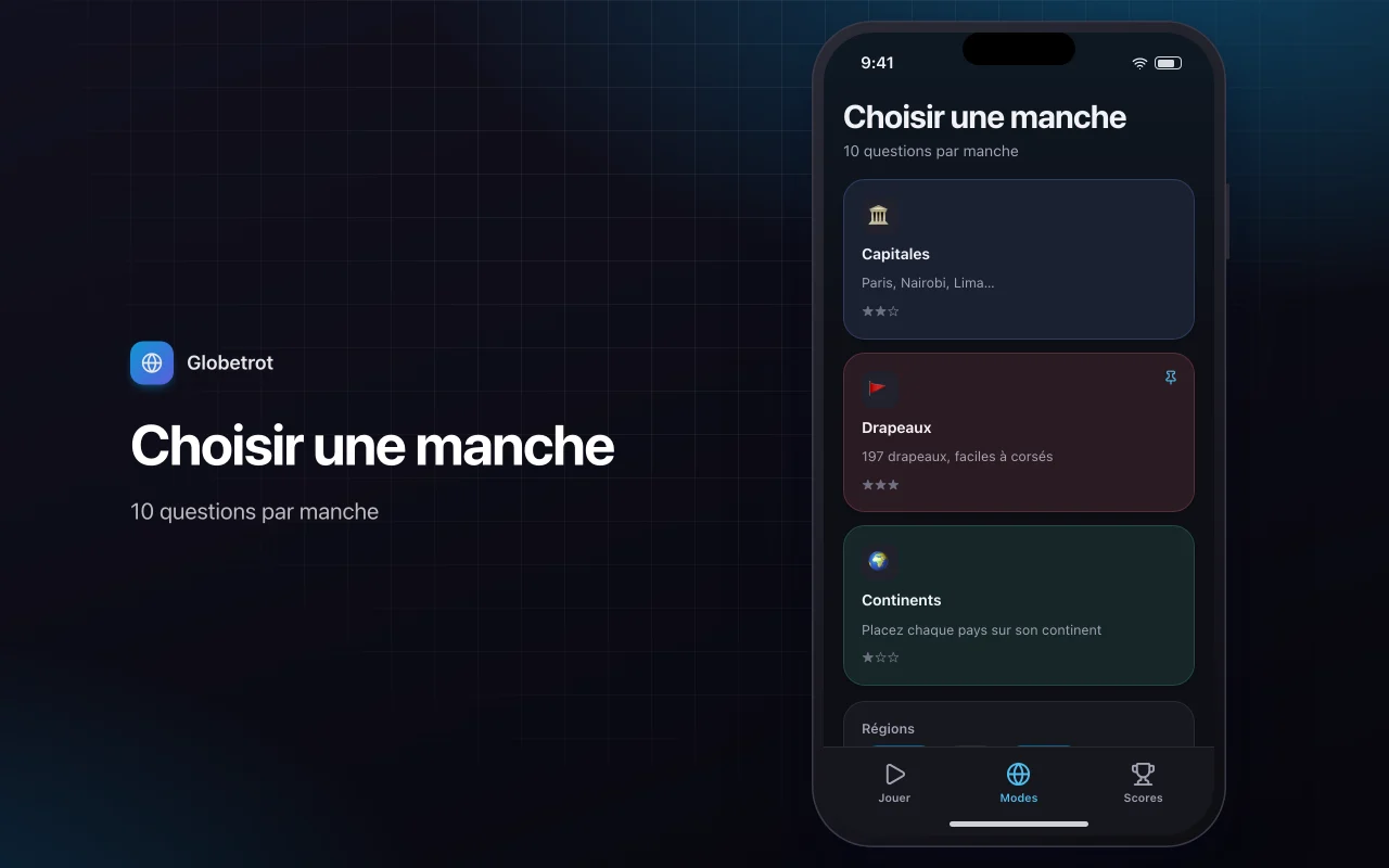 Explorateur de géographie : l’écran Choisir une manche
