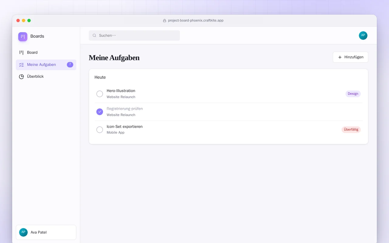 Projektboard (Phoenix): der Bildschirm „Meine Aufgaben“