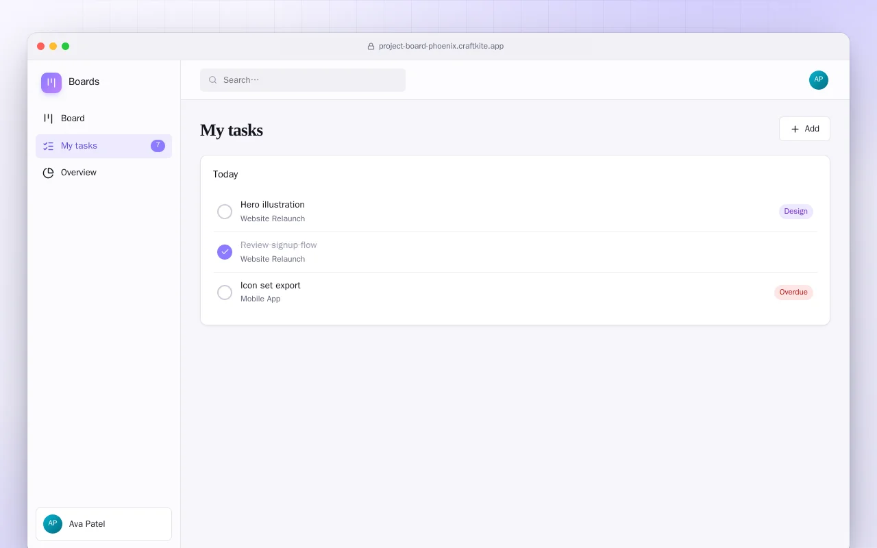 Project Board (Phoenix): the My tasks screen