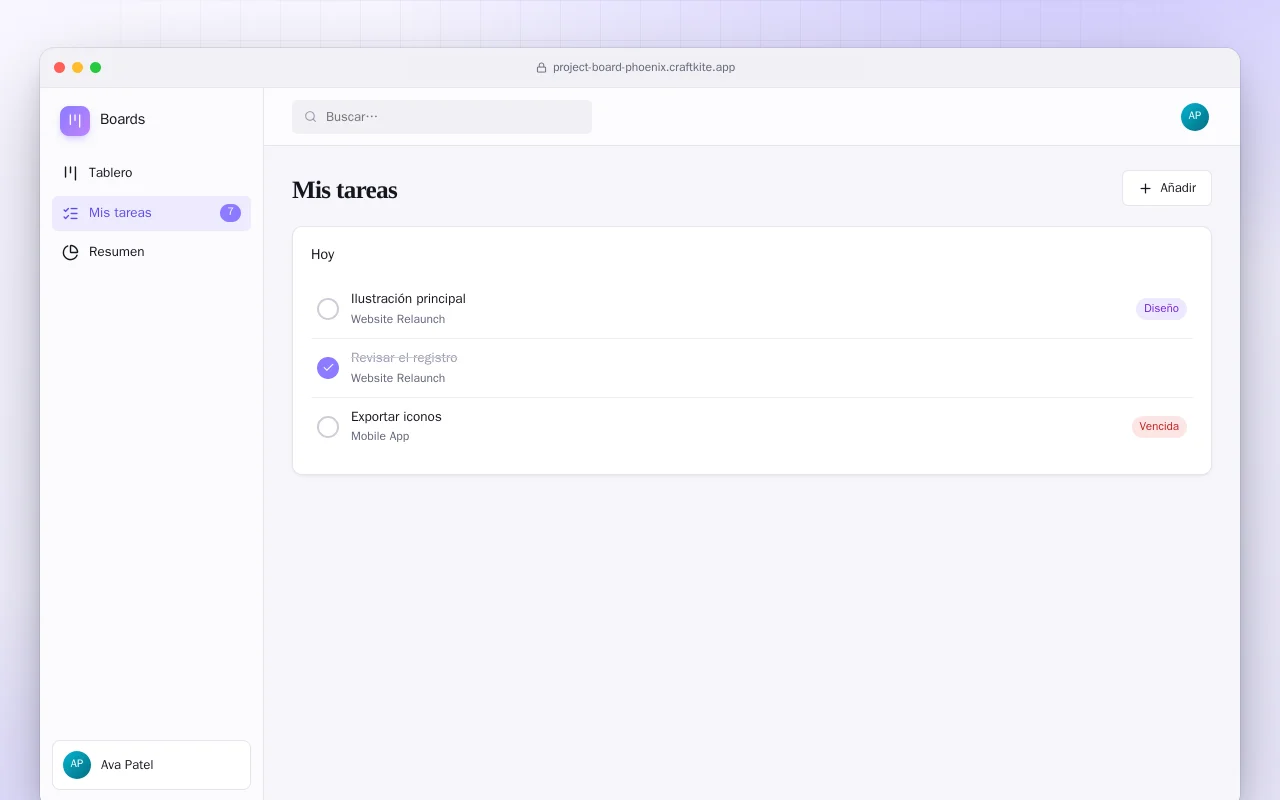 Tablero de proyectos (Phoenix): la pantalla Mis tareas