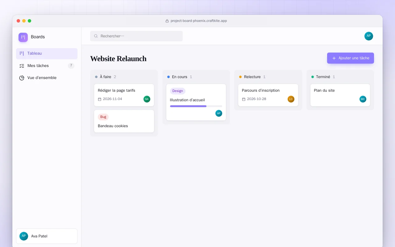 Tableau de projets (Phoenix) : l’écran Website Relaunch