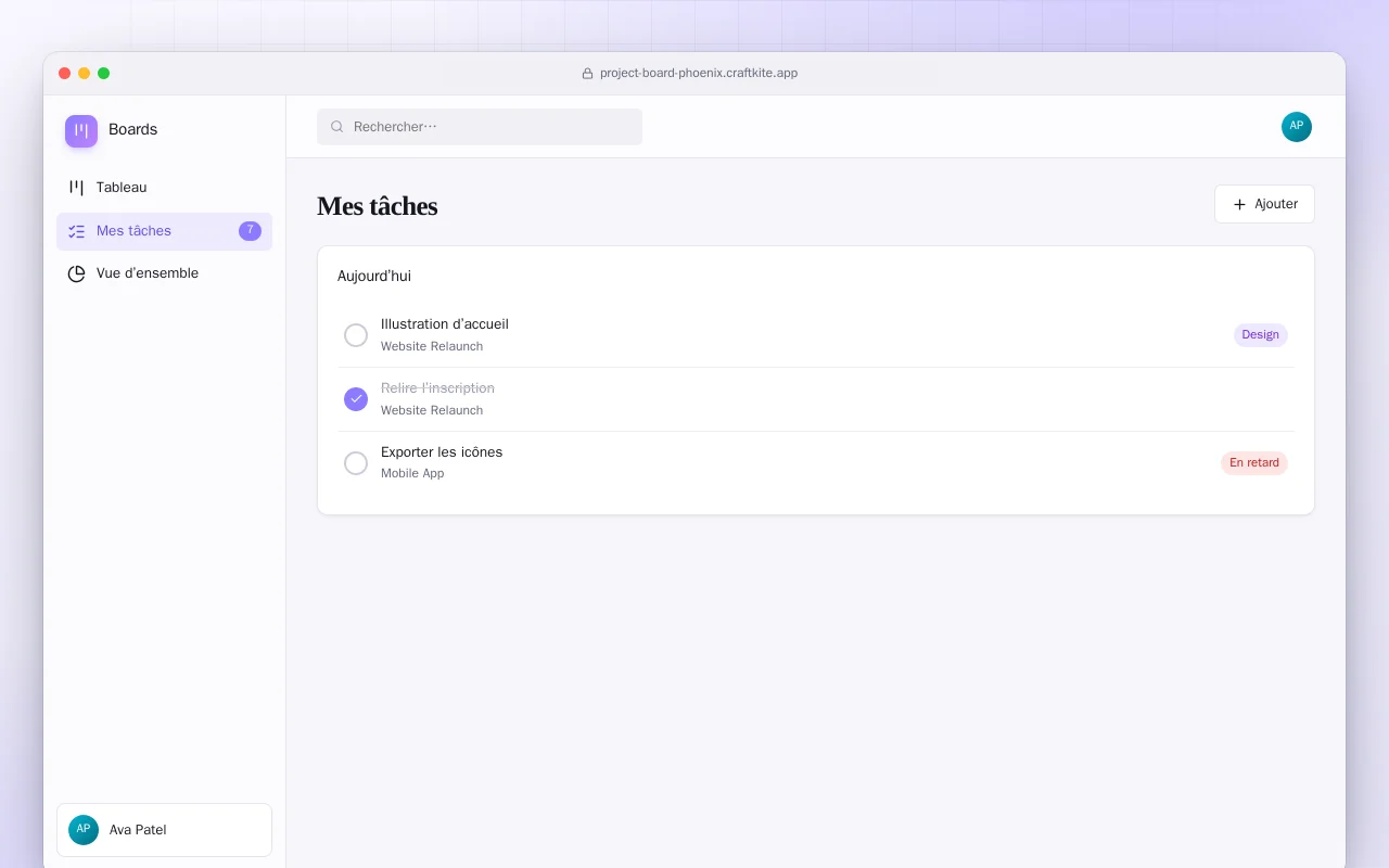 Tableau de projets (Phoenix) : l’écran Mes tâches