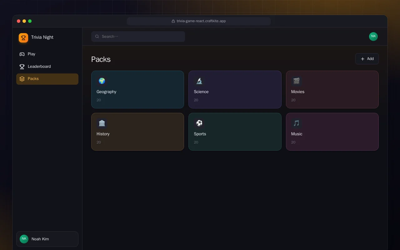 Trivia Night (React): the Packs screen