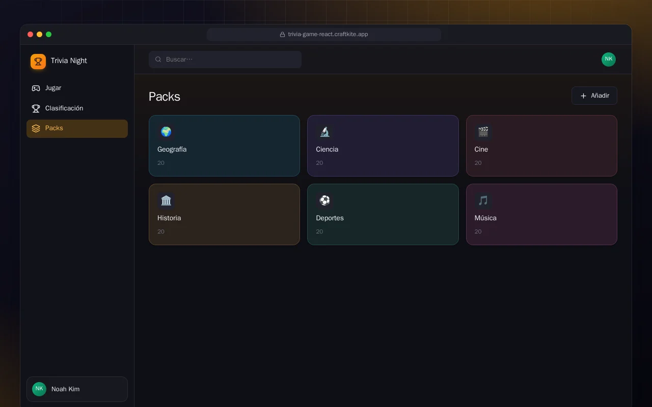 Noche de trivia (React): la pantalla Packs