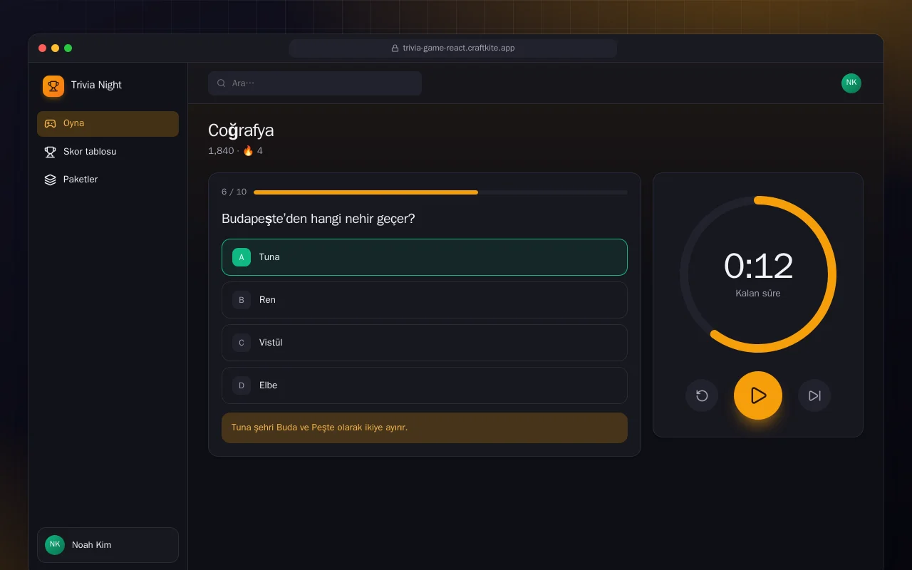 Bilgi Yarışması Gecesi (React): Coğrafya ekranı