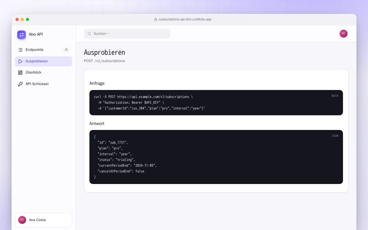 Abo-API (Ktor): der Bildschirm „Ausprobieren“