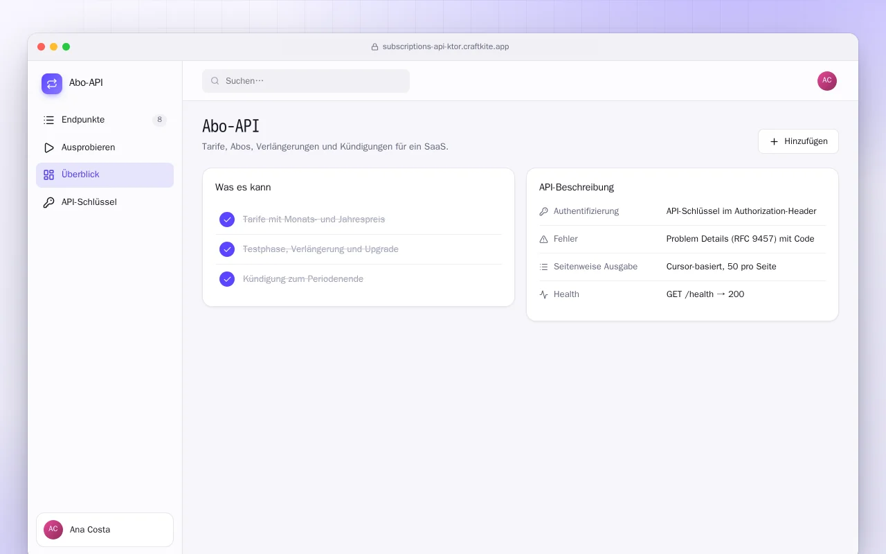 Abo-API (Ktor): der Bildschirm „Abo-API“