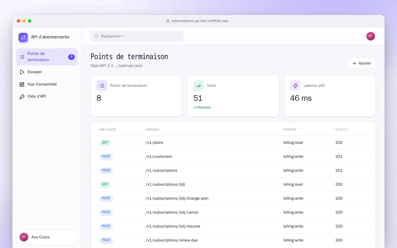 API d’abonnements (Ktor) : l’écran Points de terminaison