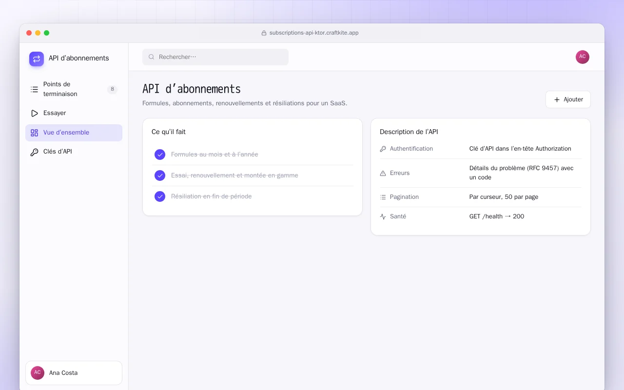 API d’abonnements (Ktor) : l’écran API d’abonnements
