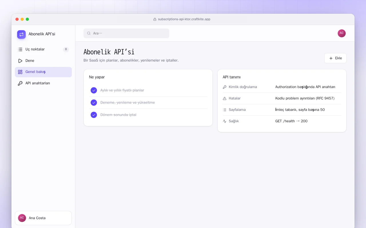 Abonelik API’si (Ktor): Abonelik API’si ekranı