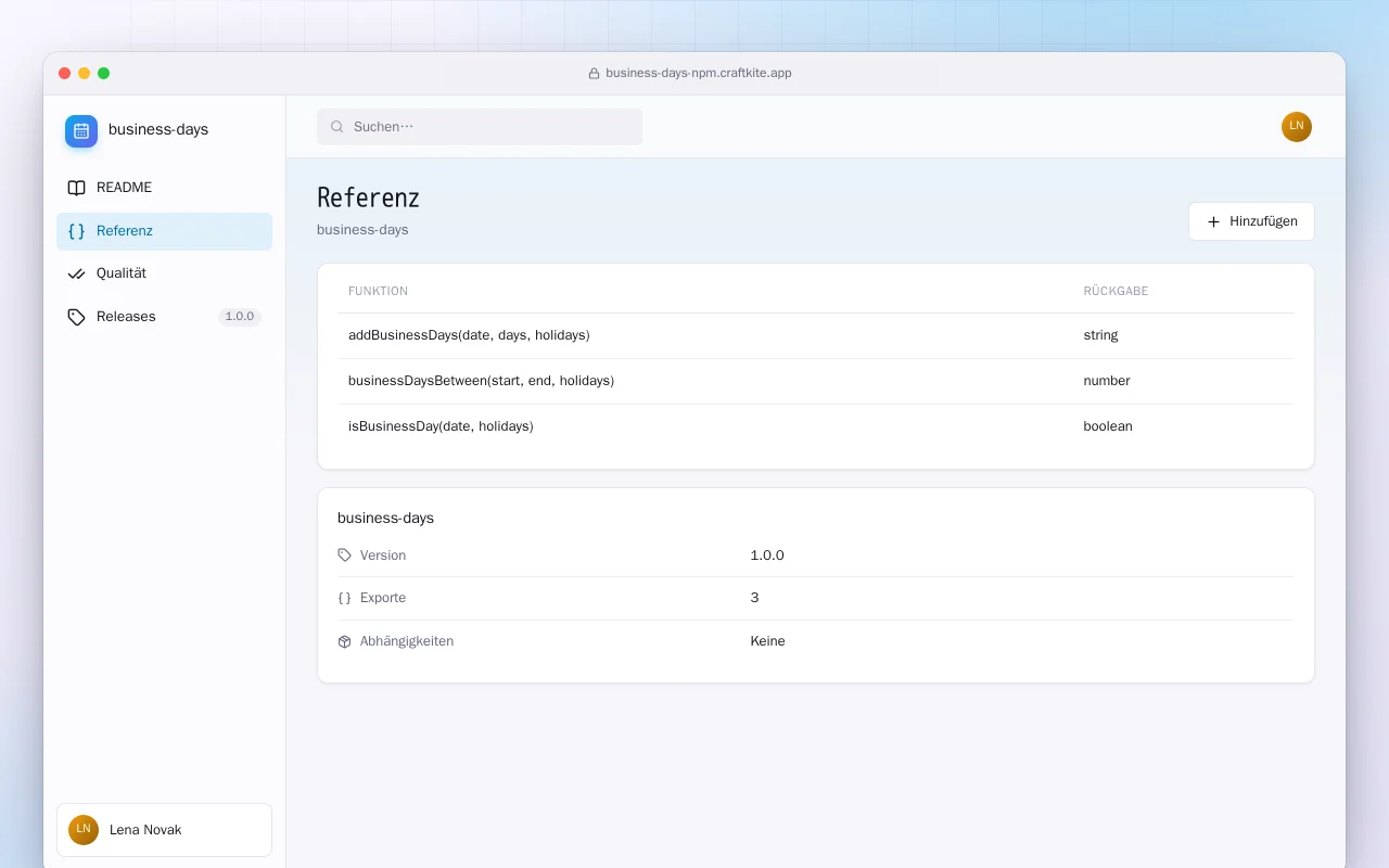 Werktage (TypeScript): der Bildschirm „Referenz“