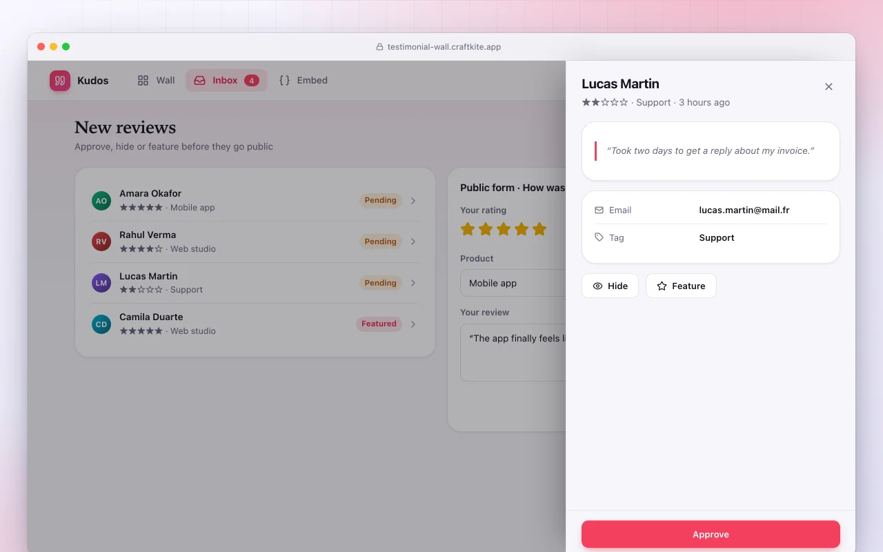 Testimonial wall: the New reviews screen