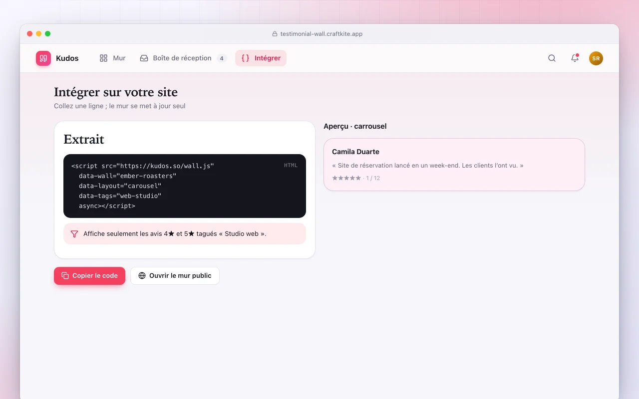 Mur de témoignages : l’écran Intégrer sur votre site