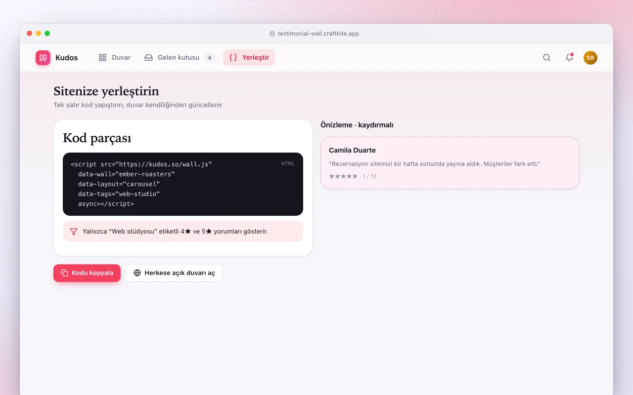Referans duvarı: Sitenize yerleştirin ekranı