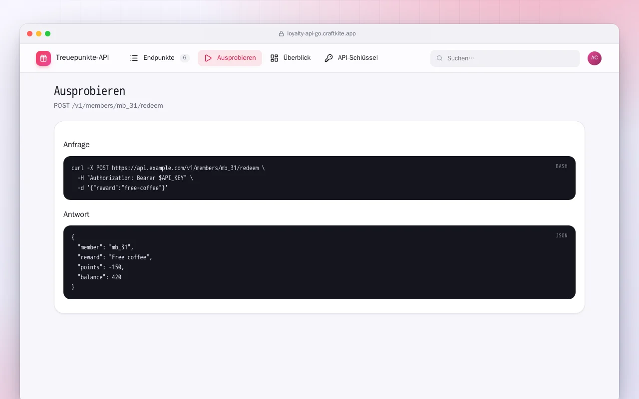 Treuepunkte-API (Go): der Bildschirm „Ausprobieren“