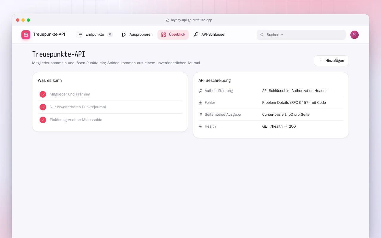 Treuepunkte-API (Go): der Bildschirm „Treuepunkte-API“