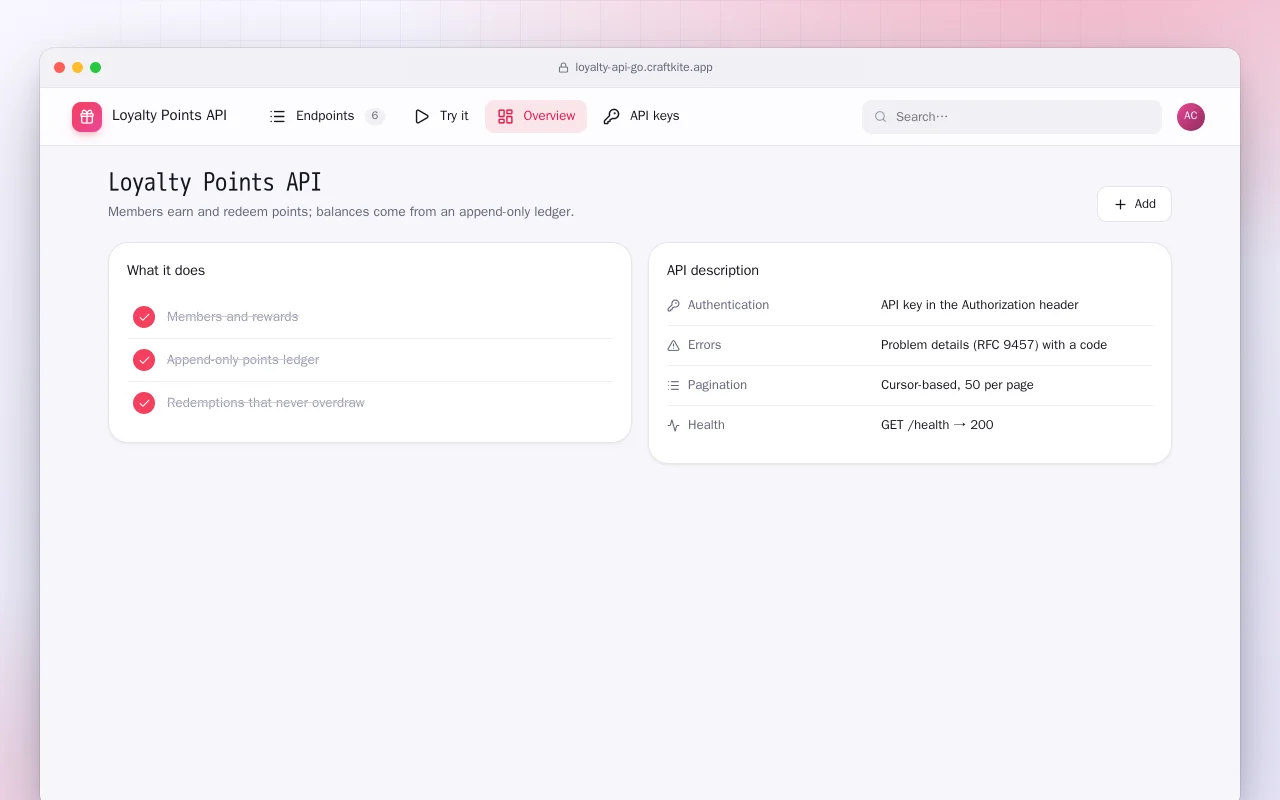 Loyalty Points API (Go): the Loyalty Points API screen
